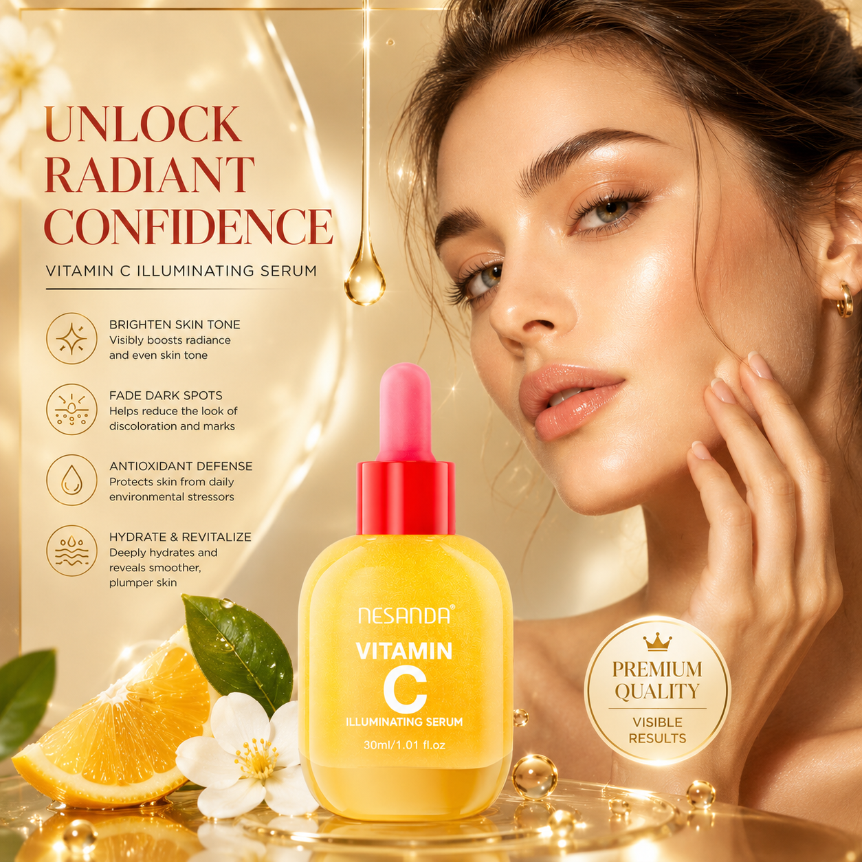 Vitamin C Brightening Face Serum with Niacinamide & Arbutin – Radiance & Even-Looking Skin Tone, 30ml