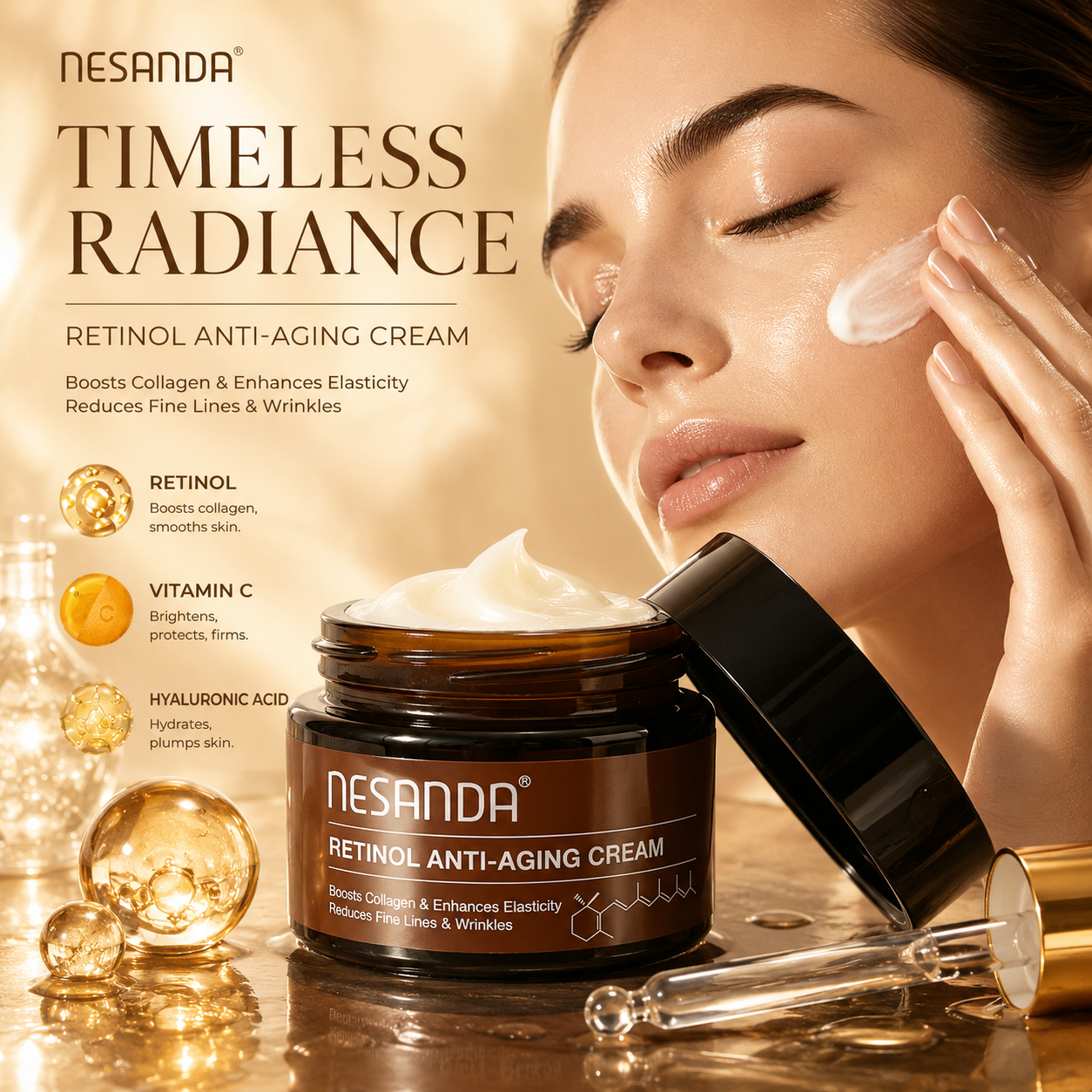 Retinol Facial Cream 0.3% – Hydrating Smoothing Moisturizer with Hyaluronic Acid & Vitamin C, 50g