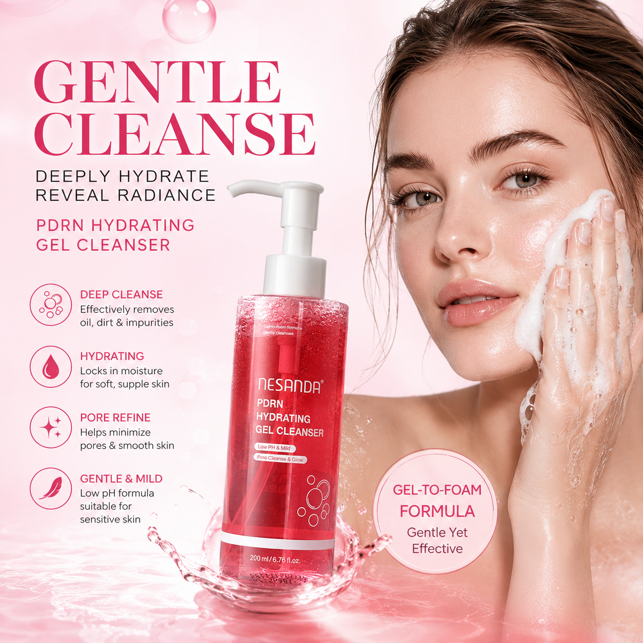 PDRN Hydrating Gel Cleanser – Gentle Foaming Face Wash with Ceramides, Hyaluronic Acid & LHA