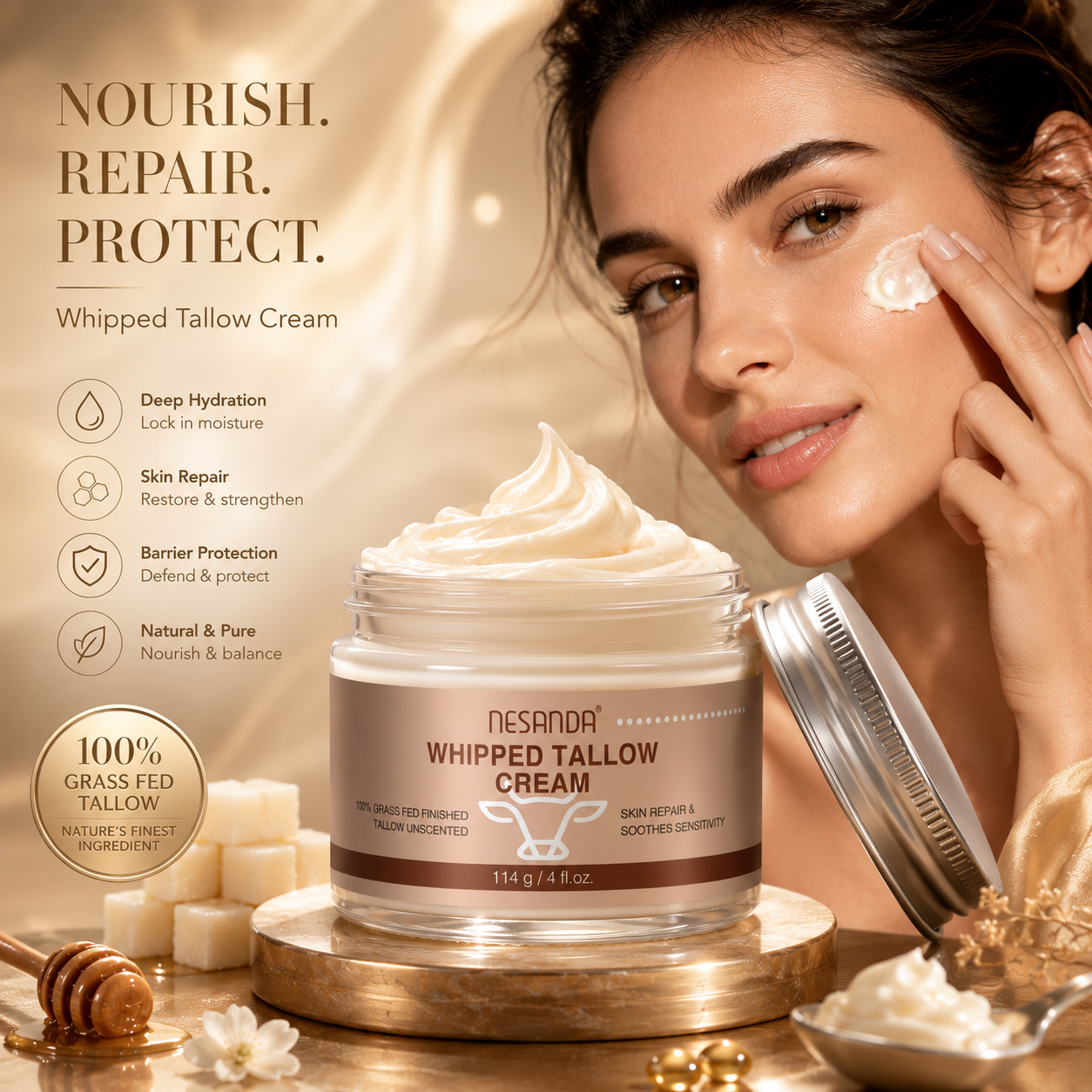 Whipped Tallow Cream – Unscented Grass-Fed Beef Tallow Moisturizer for Face & Body, 114g