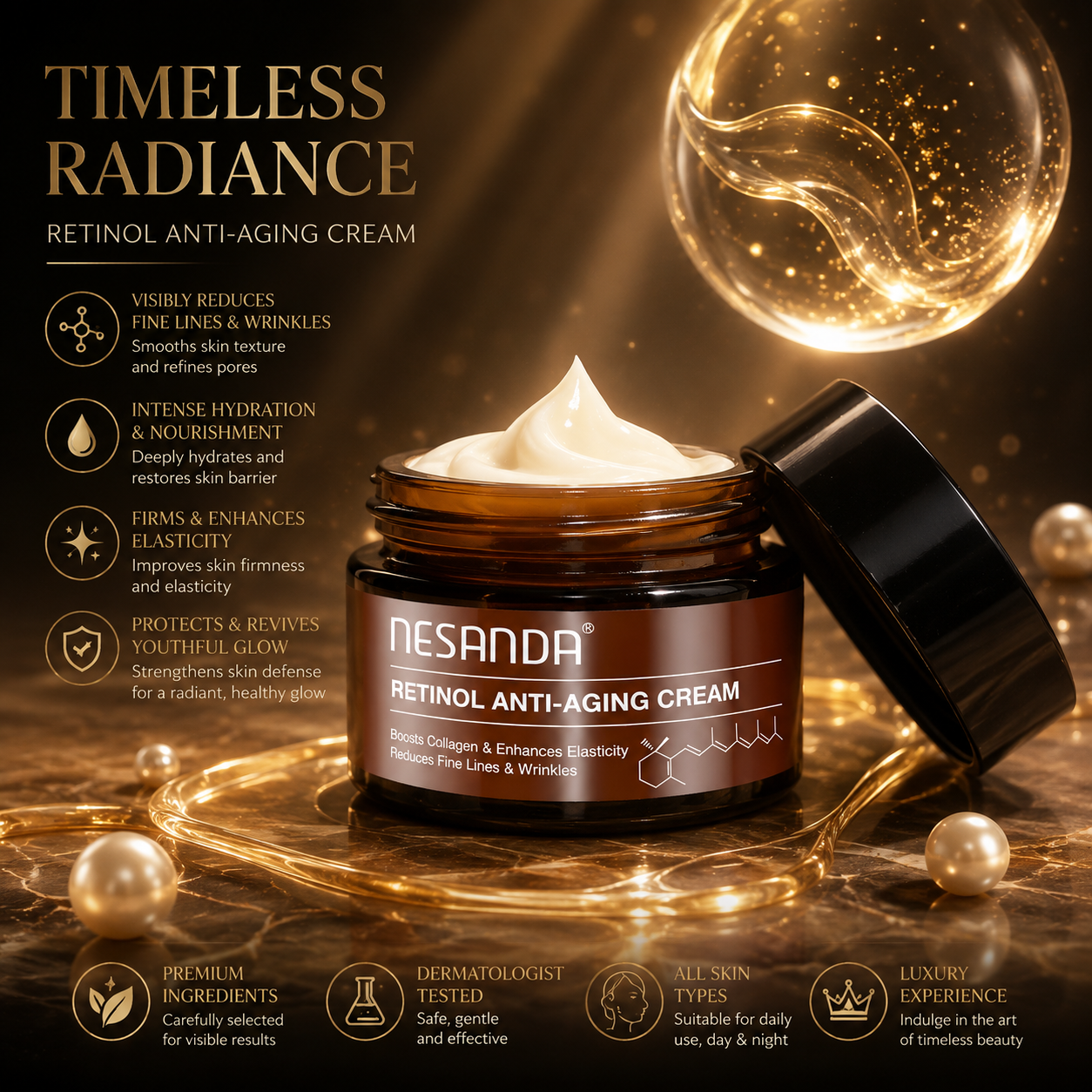 Retinol Facial Cream 0.3% – Hydrating Smoothing Moisturizer with Hyaluronic Acid & Vitamin C, 50g