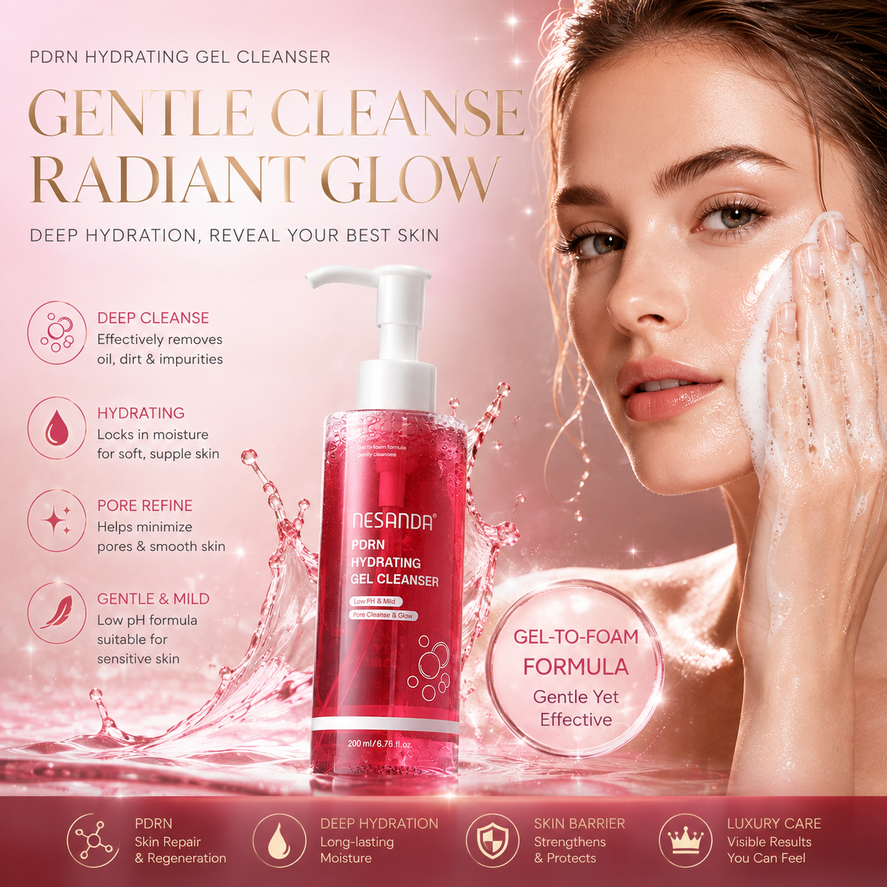 PDRN Hydrating Gel Cleanser – Gentle Foaming Face Wash with Ceramides, Hyaluronic Acid & LHA